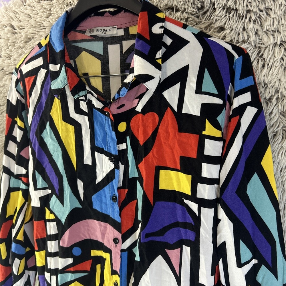Big Dart Shirt Size 3XL Colorful Art Blouse 80s 90s Y2K Retro Button Up Abstract - Picture 4 of 8